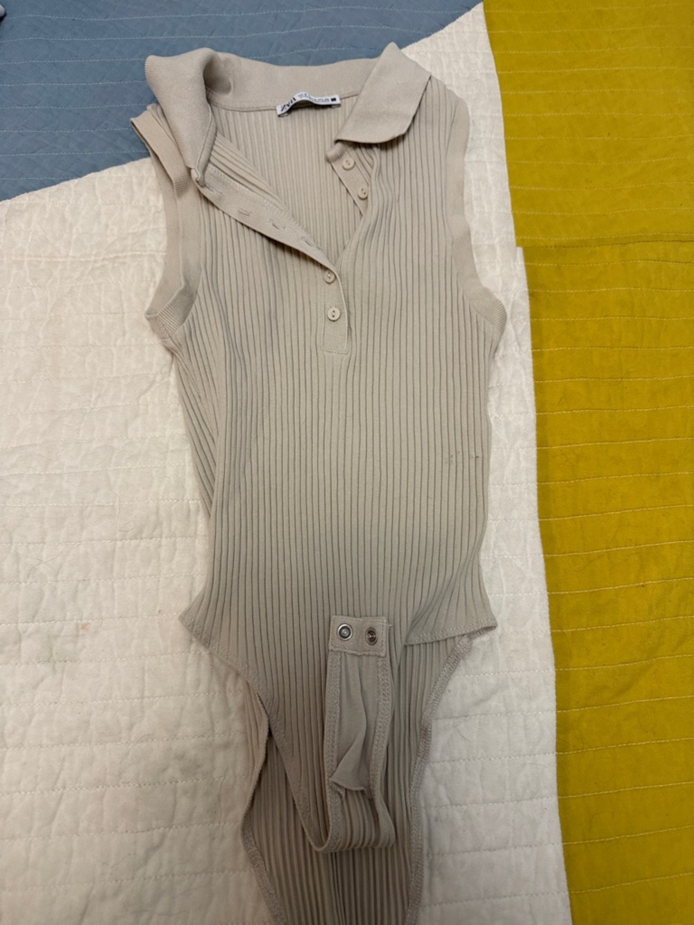 Zara Tan Ribbed Sleeveless Polo Bodysuit
